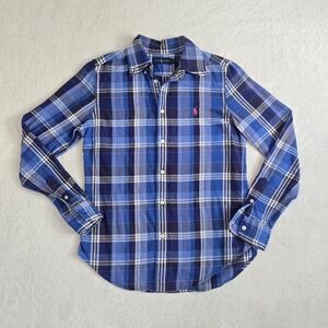 Women's Ralph Lauren Button Down Shirt Blue Plaid Long Sleeve Pony Logo Size 6